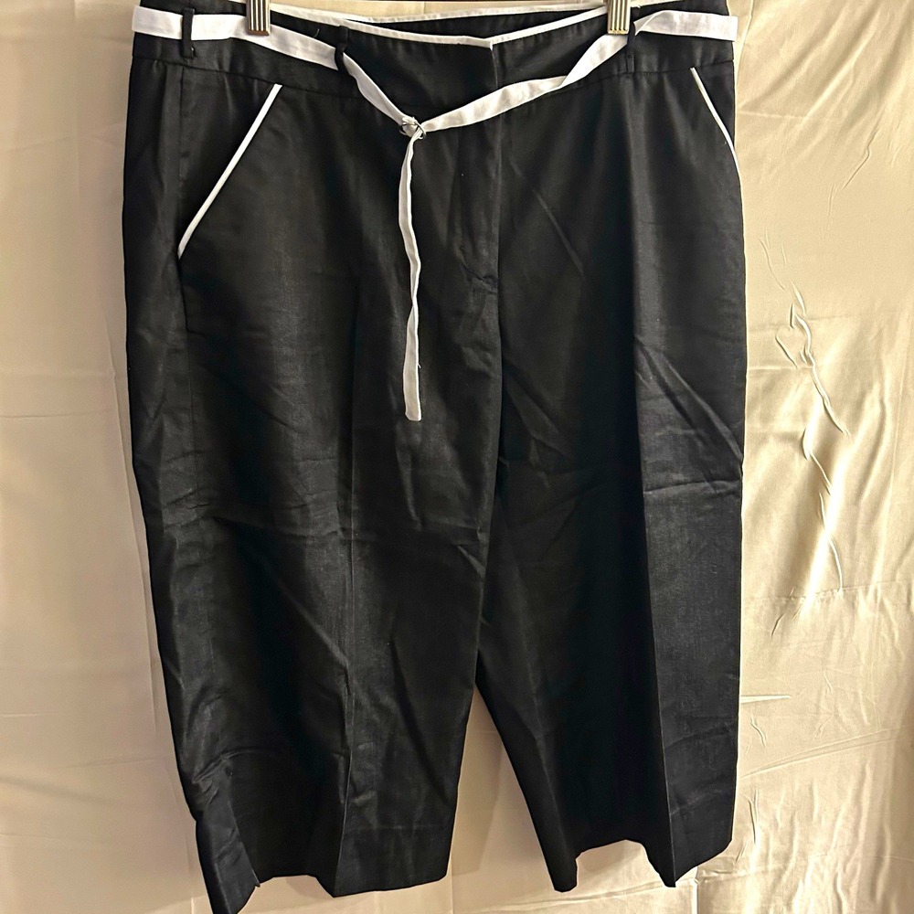 New Sz 14 Willi Smith Black Belted Capri Pants White Trim Pockets #1723*12